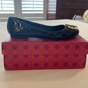 Tory Burch Black Patent Quilted Reva Flats in like new condition